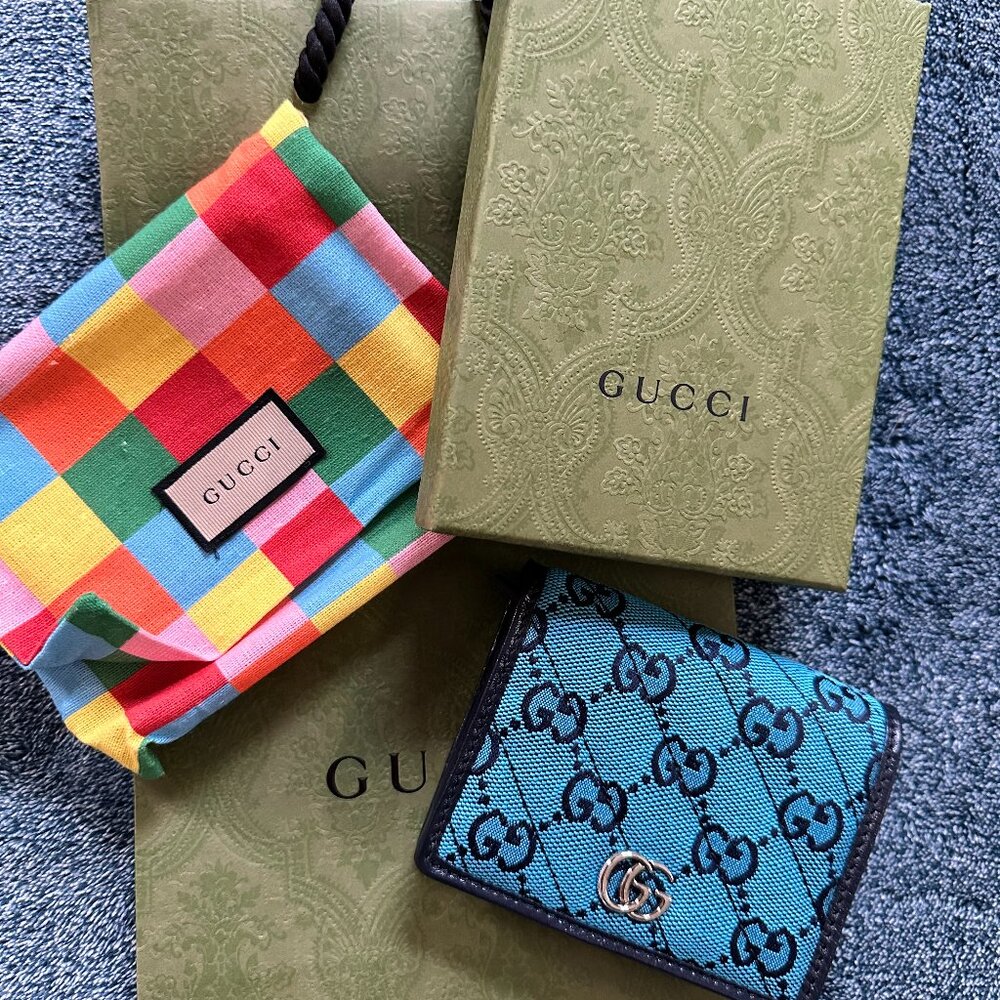 Gucci Blue GG Canvas Bi-Fold Wallet with Multicolor Dust Bag